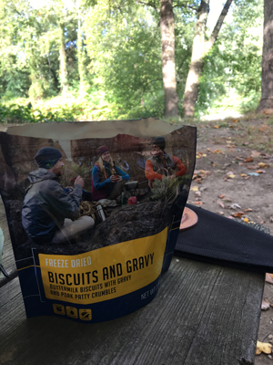 Freeze-dried biscuits and gravy food packet for camping meals.